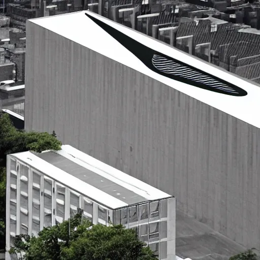 Prompt: an office building formed as a nike logo