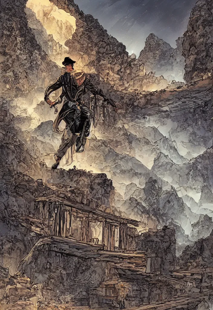 Image similar to western comic book art of a man in a jacket crossing a old wooden bridge over a cliffside looking up at a mountain temple made of crystal and gemstone, epic, glowing, night, illustration