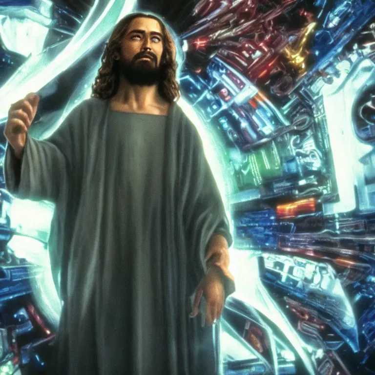 Prompt: detailed photo of jesus christ with a holy halo hacking into futuristic cyberspace in a still from the cyberpunk movie the lawnmower man
