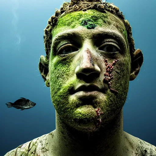 Image similar to Award-winning photograph by Mar Mann. The photo depicts a decaying roman bust of Mark Zuckerberg overgrown with moss at the bottom of the sea in the middle of ruins of civilization. Minimalism, high definition, perfect composition. Deep sea picture. Very dark. Volumetric Lighting. Fish. Darkness. Ruins