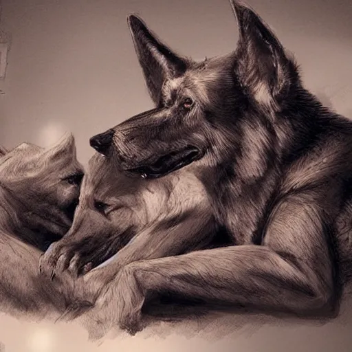 Image similar to two humanoid german shepherds beast - men, sitting on a couch and hugging together, artstation, concept art, smooth, sharp foccus ilustration, artstation