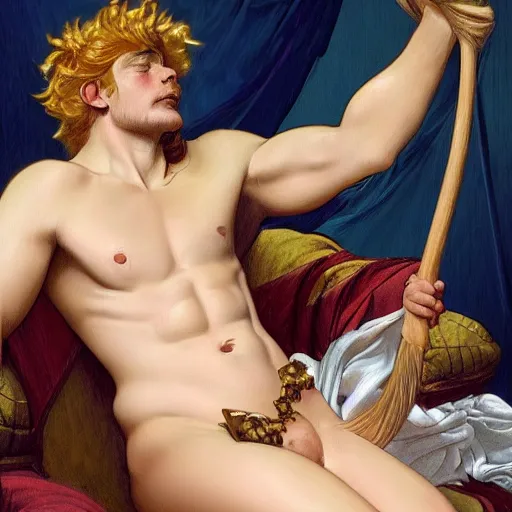 Image similar to Bacchus the pale blond Greek God league of legends on his day off, reclining on a lounge, long fluffy curly blond hair with Center parted curtain bangs, highly detailed, digital painting, artstation, concept art, golden ratio composition, smooth, sharp focus, illustration, ArtStation, art by artgerm and greg rutkowski and alphonse mucha and Edmund Blair Leighton and Charlie Bowater