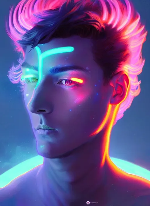 Image similar to a male faceless glowing liquefied stardust adventurer, dnd fantasy character, full body portrait, glowing neon skin, magical aura, ultra realistic, intricate, elegant, highly detailed, digital painting, artstation, smooth, sharp, focus, illustration, art by artgerm and greg rutkowski and alphonse mucha