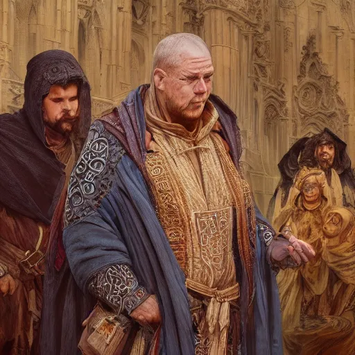 Image similar to highly detailed picture of a man with holes in his robes, religious man wearing clothes with huge rips, destroyed clothes, medieval background, mystic, d & d, fantasy, intricate, elegant, highly detailed, digital painting, artstation, concept art, smooth, sharp focus, illustration, art by artgerm and greg rutkowski and alphonse mucha