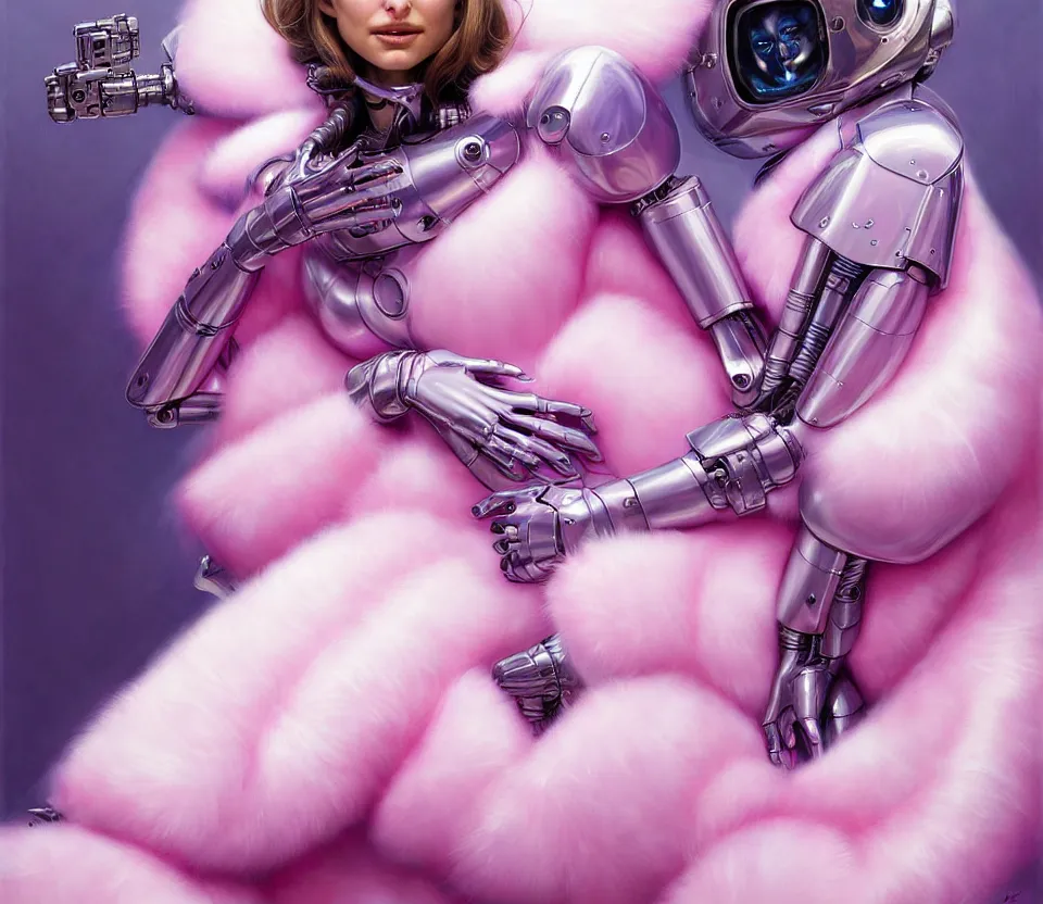 Image similar to beautiful fantasy character portrait, natalie portman, wearing pink puffy bomber jacket with white fur, decepticon robots, seductive reclining pose, futuristic chrome drones, ultra realistic, dramatic lighting, decepticon artifacts, highly detailed by peter mohrbacher, hajime sorayama, wayne barlowe, boris vallejo, aaron horkey, gaston bussiere, craig mullins