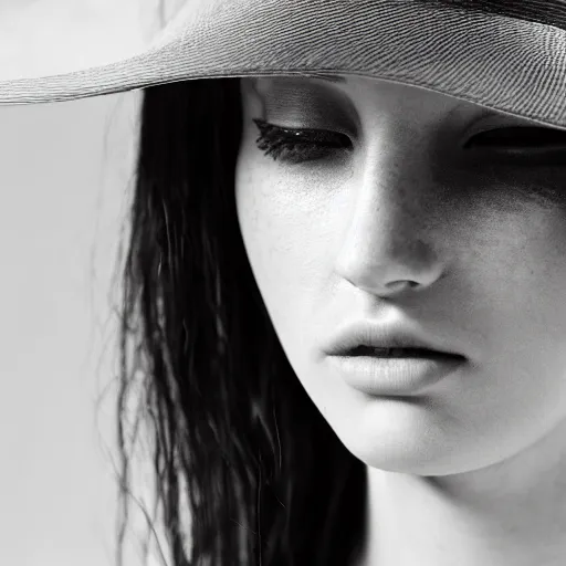 Image similar to black and white centered close-up of fashion model girl in wide white hat, hyperrealism