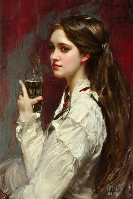 Prompt: Solomon Joseph Solomon and Richard Schmid and Jeremy Lipking victorian genre painting full length portrait painting of a young beautiful woman traditional german french barmaid in fantasy costume, red background