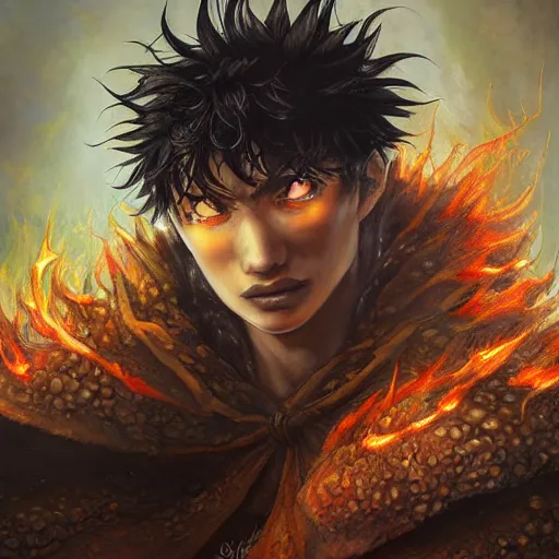 Image similar to extreme close - up by kentaro miura, by tony sart incredible. a beautiful art installation of a bright & fiery soul a power to do great things ; but i fear you may one day unleash such a tempest of fire that you may consume yourself, & all the world around you.