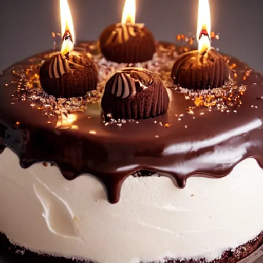 Prompt: tasty ice cream cake with chocolate topping and two candles on top, realistic photography, 4 k