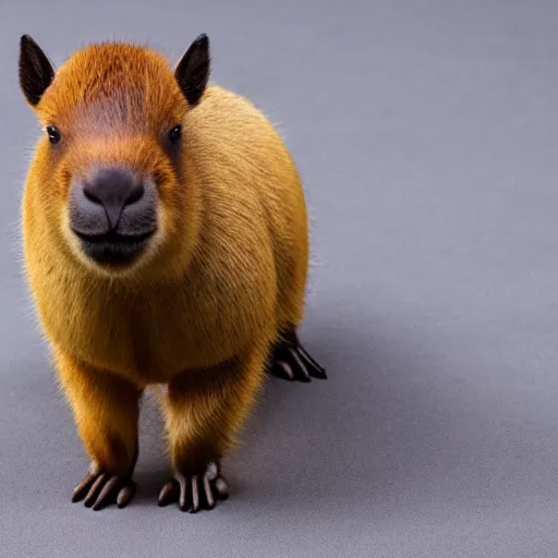 Image similar to a high detail photo of an antropomorphic capybara wearing a suit, subject= duck, subject detail: wearing a suit, photorealism