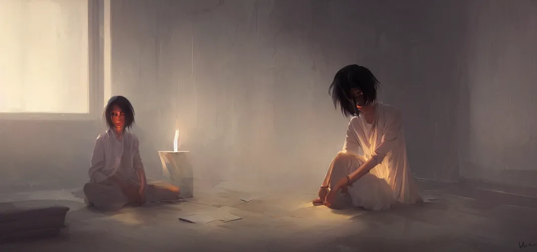 Prompt: Young Himalayan woman sitting concerned in an empty room with loneliness using psychic powers to make a lighter float| night time scene, plain walls |somber white eyes, long messy hair | gentle lighting, futuristic, dim lighting, digital art by Makoto Shinkai ilya kuvshinov and Wojtek Fus, digital art, concept art,