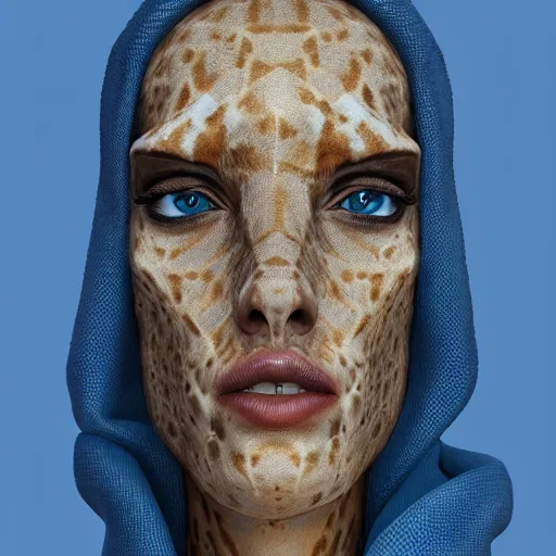 Image similar to a highly detailed half portrait of a humanoid giraffe in a blue cloak, adventurer, artstation, deviantart, professional, unreal engine 5, octane render