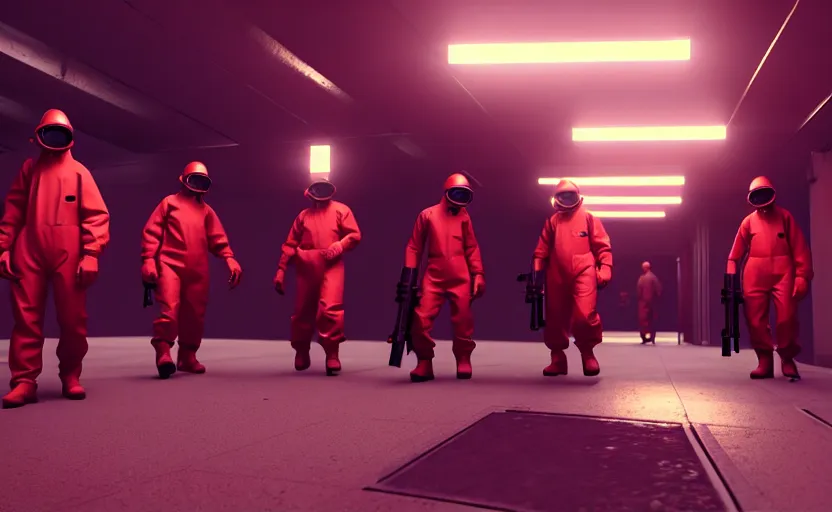 Image similar to in-game screenshot of a group of dark red hazmat scientists holding guns walking on unreal engine 5, in a liminal underground garden, photorealistic, retrofuturism, brutalism, staggered terraces, minimalist, soft vintage glow