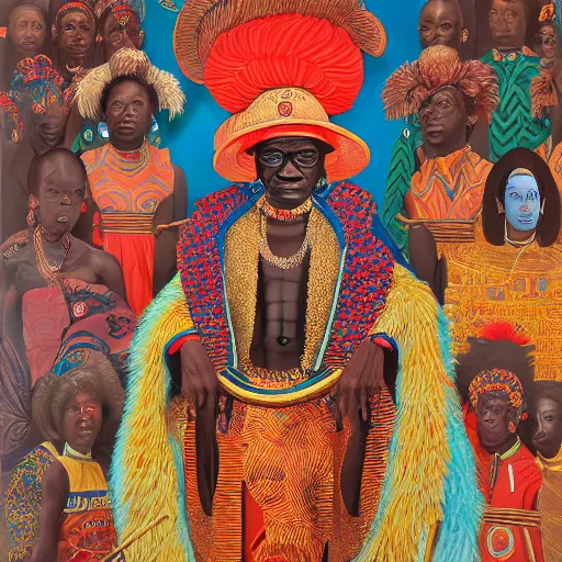 Image similar to highly detailed painting of the oba of benin surrounded by masquerades, fantasy, 8 k, realistic, symmetrical, digital illustration, in the style of kehinde wiley, artem demura