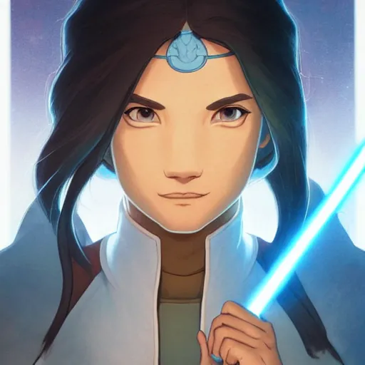 Prompt: Portrait of Avatar Korra wearing Jedi robes and meditating, Legend of Korra, Avatar the Last Airbender, intricate, elegant, highly detailed, digital painting, artstation, concept art, smooth, sharp focus, illustration, art by artgerm and greg rutkowski and alphonse mucha and andrei riabovitchev
