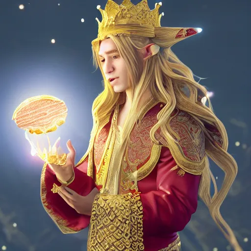 Prompt: beautiful elf king with long flowing blonde hair wearing elaborate robes and a gold filigree crown covered in jewels eating a baconator at Wendy's, hyperrealistic, cinematic lighting, octane render, 8K HD, fantasy concept art, professional 3D render, popular on artstation