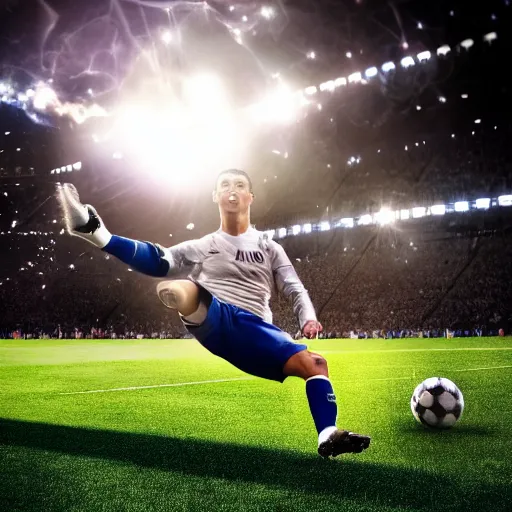 Image similar to ronaldo kicking a cat like a football in a stadium filled with people, taken by a sport's camera, depth of field, sun flare.