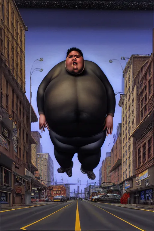 Image similar to hyperrealistic mixed media painting of a morbidly obese man, full body, on an empty city street at midnight, shame, stunning 3d render inspired art by P. Craig Russell and Barry Windsor-Smith + perfect facial symmetry + dim volumetric lighting, 8k octane beautifully detailed render, post-processing, extremely hyperdetailed, intricate, epic composition, grim yet sparkling atmosphere, cinematic lighting + masterpiece, trending on artstation, very very detailed, masterpiece, stunning
