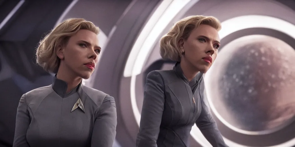 Prompt: Scarlett Johansson is captain of the starship Enterprise in the new Star Trek movie