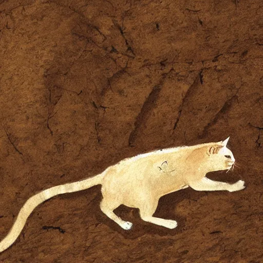 Prompt: pre-historic cave painting of a cat playing with a mouse