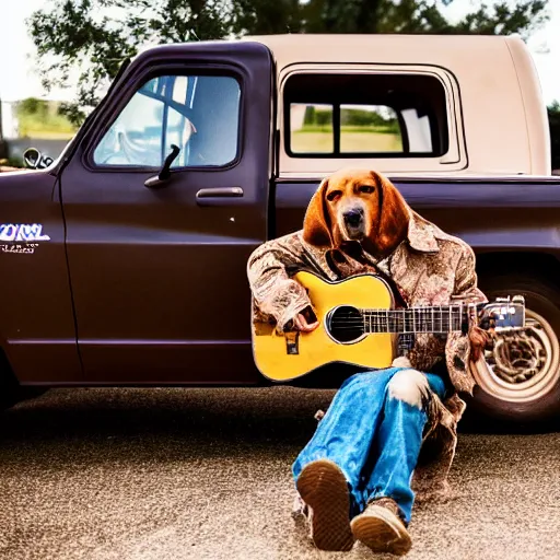 Prompt: A folkpunk brown hound dog playing the guitar in front of a pickup truck