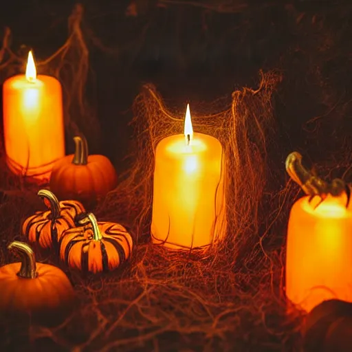 Prompt: halloween dream big pumpkin sepia ambient chill nostalgic candy candles outside kids ghosts costumes sunset intricate, hyper detailed, realistic, cinematic lighting