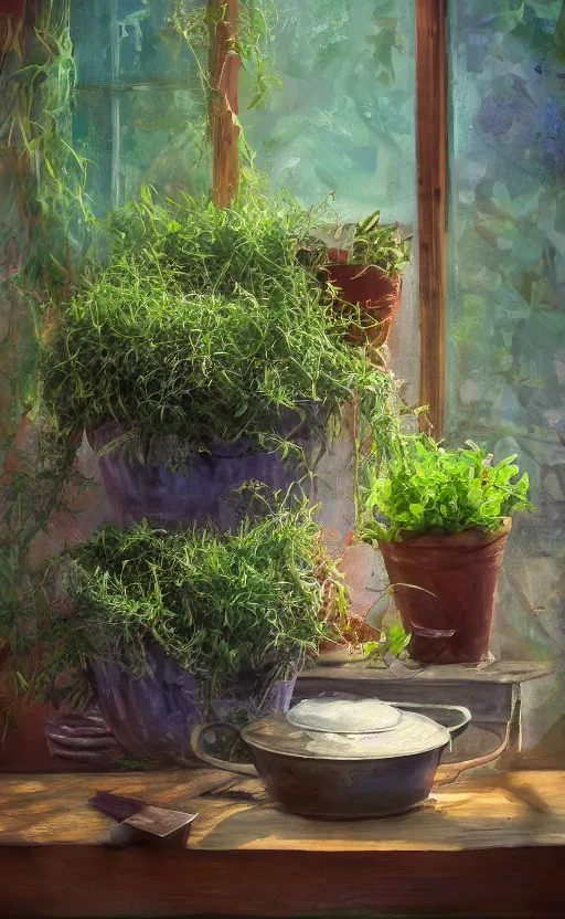 Prompt: dittany in a pot, on wooden table in the ray of sunshine in greenhouse, dried herbs and scissors in a table, oil painting, sharp focus, high detailed, calm, warm lighting, sparkles, digital art, concept art, by Rutkowsky, baroque