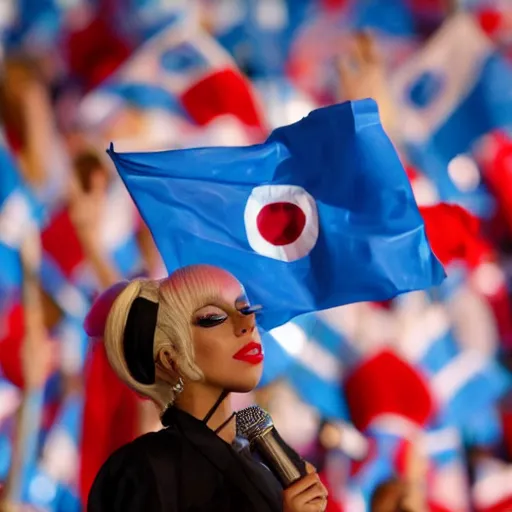 Image similar to Lady Gaga as president, Argentina presidential rally, Argentine flags behind, bokeh, giving a speech, detailed face, Argentina