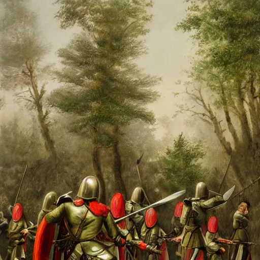 Image similar to soldiers with shields and swords and bows! hiding behind trees! on an elevated hill in a! misty, foggy! forest looking down on a army of gladiators with red capes, walking on a path through the forest below them.! shiny swords, well equiped. painting by eugene de lacroix, 4 k, realistic, anatomically correct, beautiful