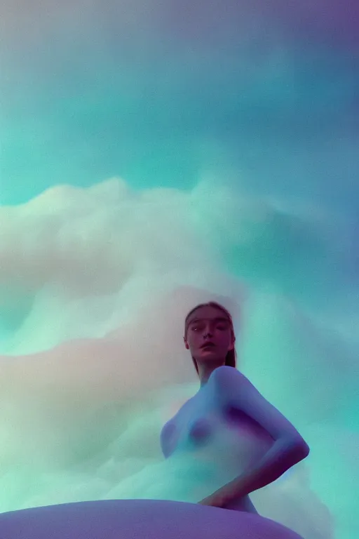 Image similar to high quality pastel coloured film close up wide angle photograph of a model wearing clothing swimming on cloud furniture in a icelandic black rock!! environment in a partially haze filled dreamstate world. three point light, rainbow. photographic production. art directed. pastel colours. volumetric clouds. pastel gradient overlay. waves glitch artefacts. extreme facial clarity. 8 k. filmic.