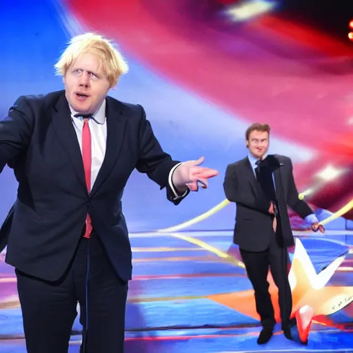 Prompt: boris johnson singing with a microphone on americas got talent, tomatoes and anchors being thrown at him, 4 k photograph