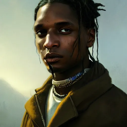 Image similar to closeup portrait of asap rocky, dramatic light, gorgeous view, depth, high detail, digital art, painted by greg rutkowski and seb mckinnon, by tim burton, trending on artstation