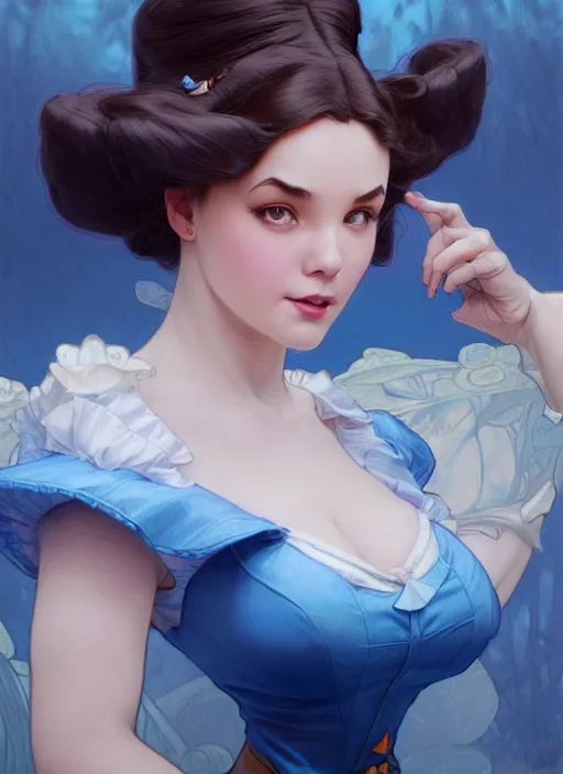 Image similar to concept art by artgerm, portrait of pinup giant disney alice in wonderland in blue dress, soft natural light, intricate, elegant, highly detailed, my rendition, digital painting, artstation, concept art, smooth, sharp focus, illustration, art by greg rutkowski and alphonse mucha and uang guangjian and gil elvgren, symmetry!!