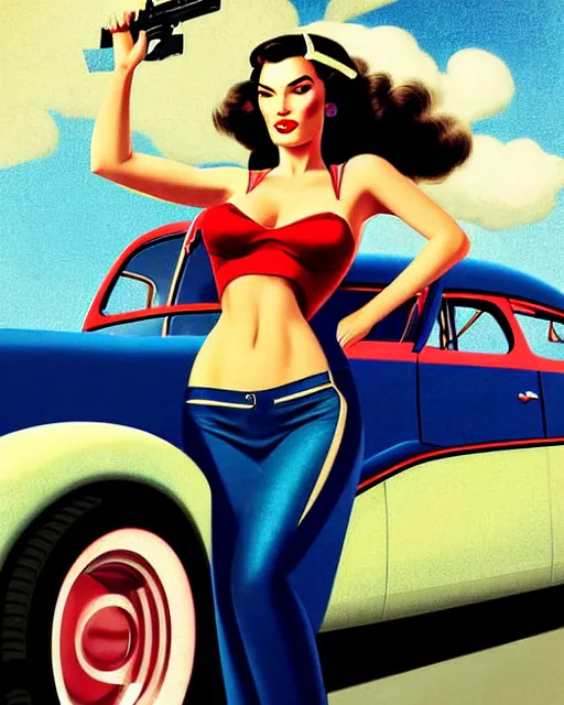 Image similar to gta v, low angle shot, beautiful retro space megan fox varga girl posing on a car in diesel punk city, windblown dark hair, retro pinup model, seductive, 1 9 4 0, hyper detailed, digital art, smooth, sharp focus, gil elvgren, anna dittmann alberto vargas,