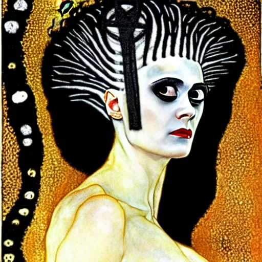 Image similar to bride of frankenstein influenced by gustav klimt.