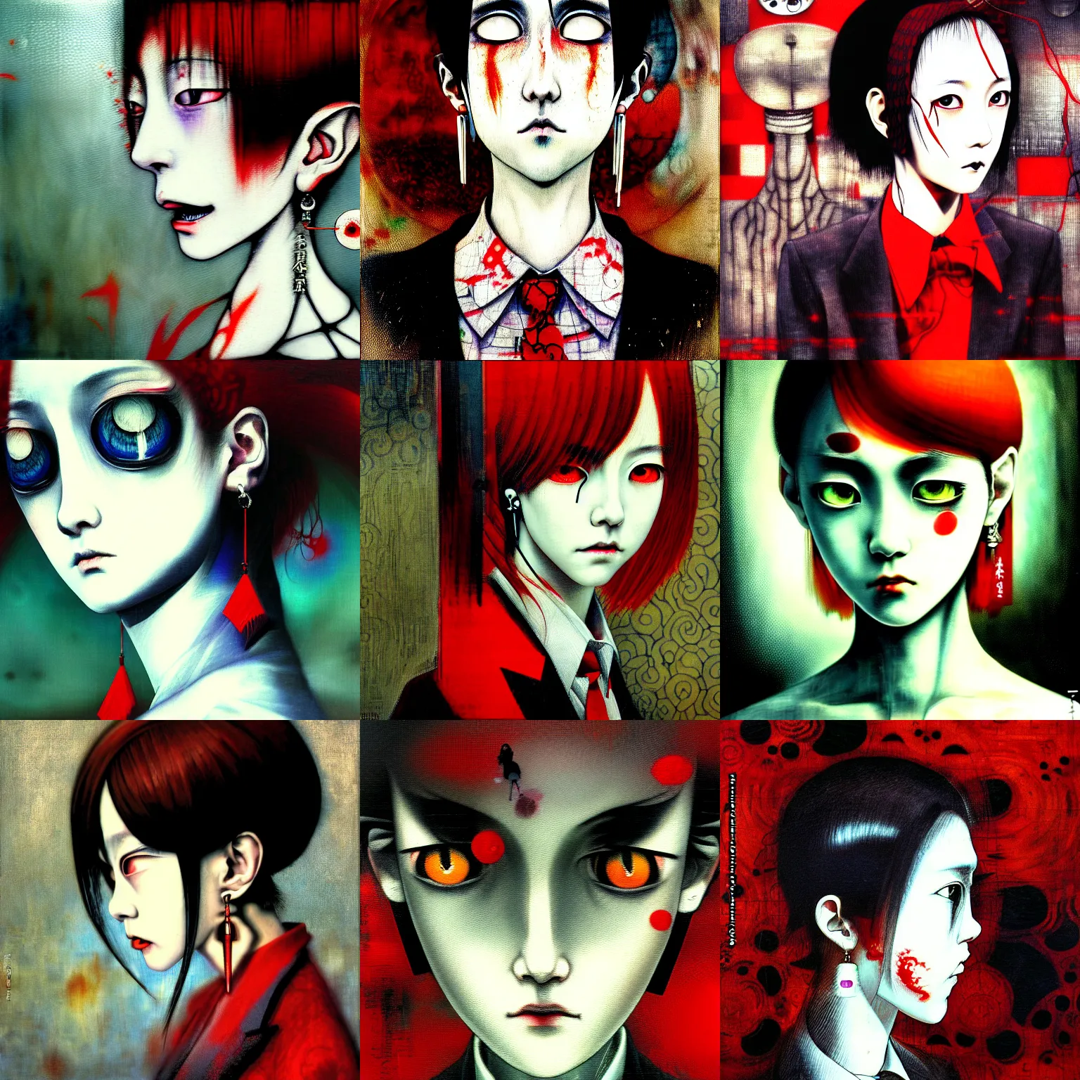 Prompt: yoshitaka amano blurred and dreamy realistic three quarter angle horror portrait of a sinister young woman with short hair, big earrings and red eyes wearing office suit with tie, junji ito abstract patterns in the background, satoshi kon anime, noisy film grain effect, highly detailed, renaissance oil painting, weird portrait angle, blurred lost edges