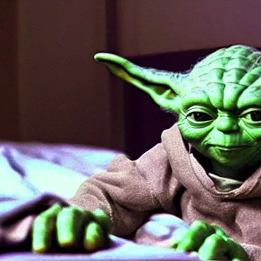 Prompt: Yoda in bed scrolling on his phone