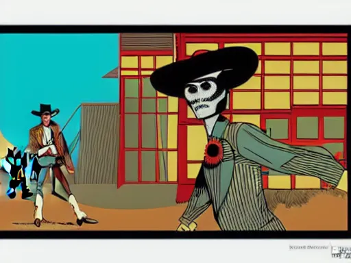 Image similar to a detailed illustration photorealistic of the Lone Ranger in the wild west town. flat colors, limited palette in FANTASTIC PLANET La planète sauvage animation by René Laloux