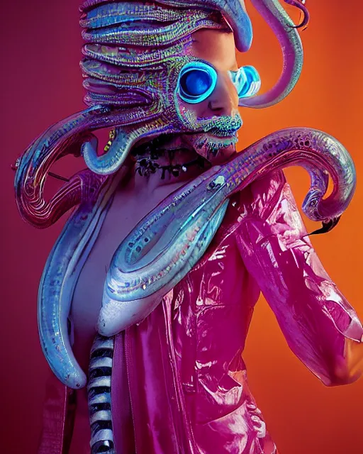 Prompt: natural light, soft focus portrait of a cyberpunk anthropomorphic squid with soft synthetic pink skin, blue bioluminescent plastics, smooth shiny metal, elaborate ornate head piece, piercings, skin textures, by annie leibovitz, paul lehr