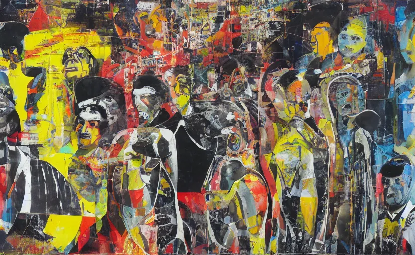 Prompt: men in black, blurred, grotesque, synthetic polymer paint on linen, doomed, acrylic paint, high resolution, gouache on canvas, vibrant colors, grotesque, wrapped thermal background, by mimmo rotella