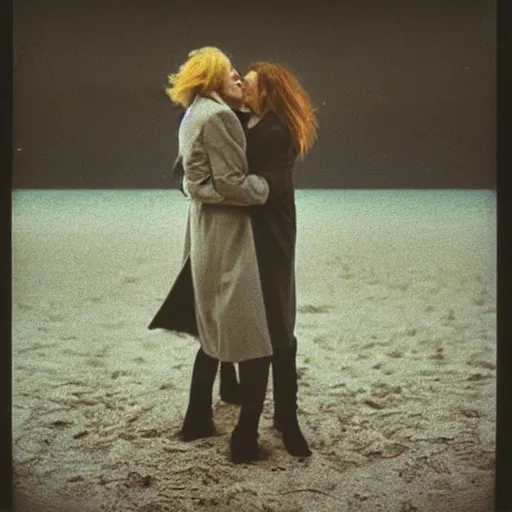 Image similar to 9 0 s polaroid photograph of a man and woman both wearing trenchcoats at night, dancing together on a beach during cloudy weather, vignette