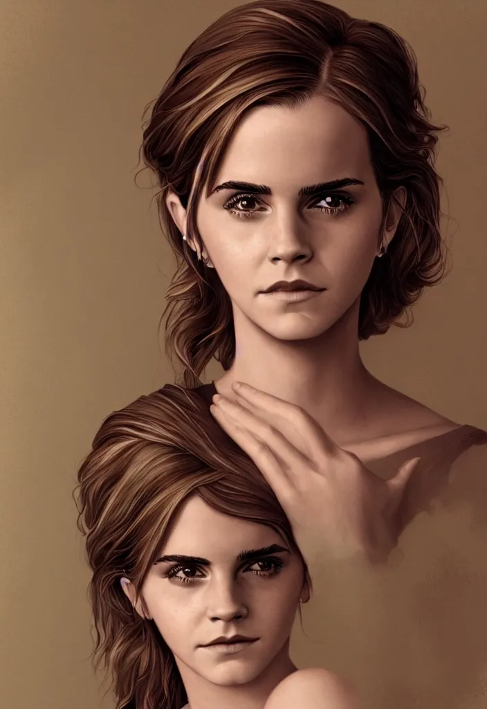 Image similar to highly detailed illustration, character portrait of Emma Watson, digital art by Alex Ross and Moebius 4k, 8k, HD