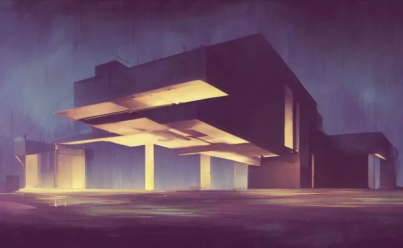 Image similar to An Exterior wide angle shot painting of a cyberpunk futuristic modern architecture House with neon lights by Peter zumthor and James Turrell, Craig Mullins , Dark atmospheric sad and cinematic lighting, Trending on artstation, Archviz, Archdaily, Deezen, Design milk, Architectural visualisation