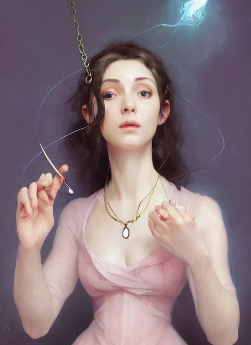 Prompt: character concept portrait of an attractive young focused Spanish witch with pale pink skin and a crystal necklace enchanting a glowing seduction spell, a floating glowing spell book in the center, intricate, elegant, digital painting, concept art, smooth, sharp focus, illustration, from Metal Gear, by Ruan Jia and Mandy Jurgens and William-Adolphe Bouguereau, Artgerm