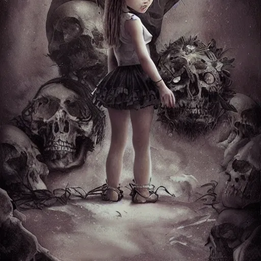 Prompt: a beautiful little girl standing on a lot of skulls, sadness, natalie portman, pigtails hairstyle, dark fantasy, high detailed, concept art, sharp focus, illustration