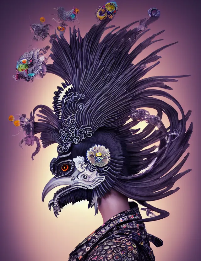 Image similar to 3 d goddess close - up profile portrait punk with mohawk with ram skull. beautiful intricately detailed japanese crow kitsune mask and clasical japanese kimono. betta fish, jellyfish phoenix, bio luminescent, plasma, ice, water, wind, creature, artwork by tooth wu and wlop and beeple and greg rutkowski