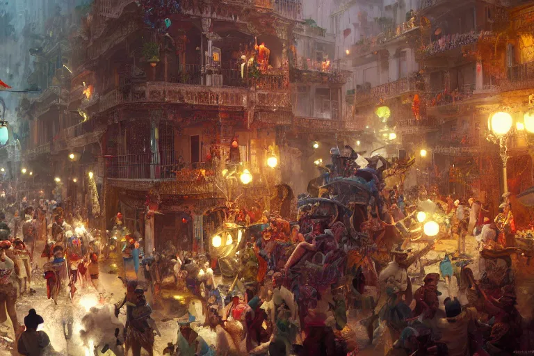 Image similar to carnaval de barranquilla, thorough details, intricate, artstation, atmosphere, highly detailed, craig mullins, james jean, cinematic, digital painting, deviantart, cinematic lighting, 4 k