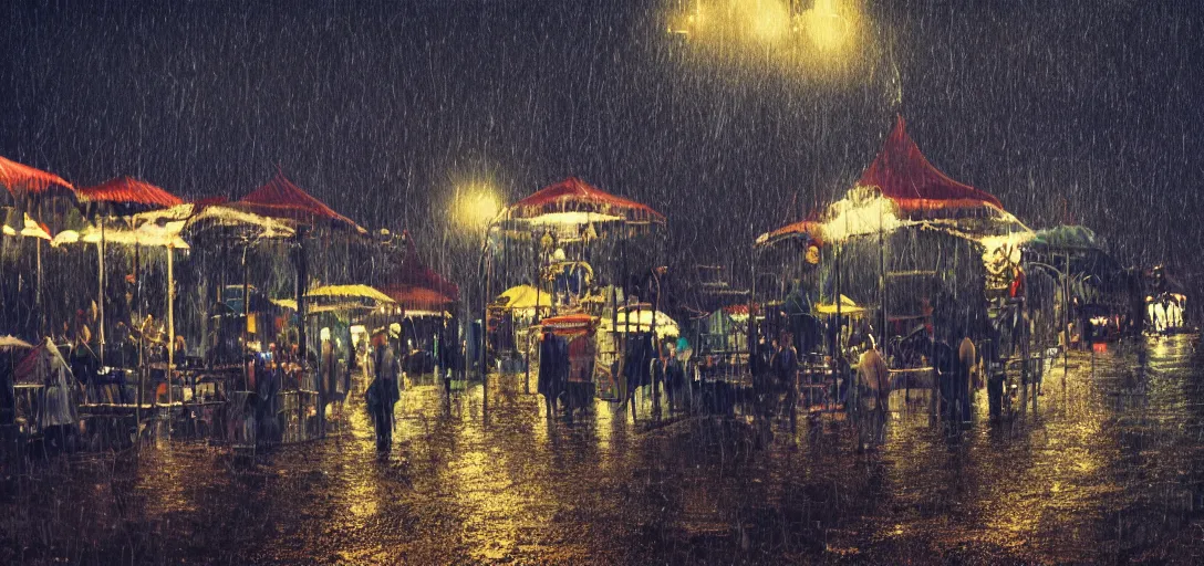 Prompt: Look of Small outdoor carnival, rain, night, noire tents, digital art, 8k, moody details