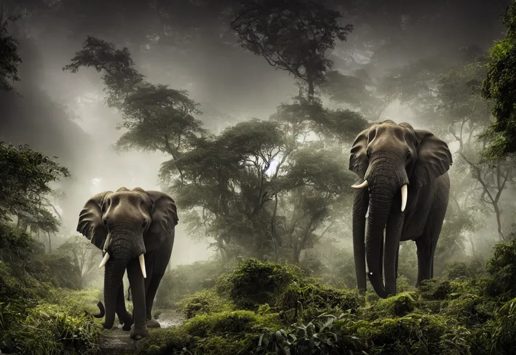 Image similar to an enormous elephant king, his trunk is a huge tentacle, in a jungle with ominous light from above, ambient light, fog, river, symmetrical, poetic