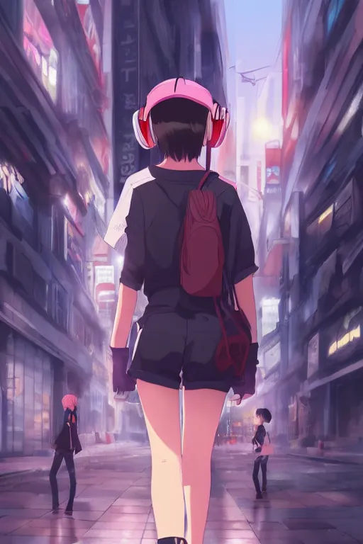 Image similar to anime teen with headphones walking at the streets of tokyo at dawn, wlop, concept art, digital painting, trending on artstation, highly detailed, epic composition, 8 k uhd